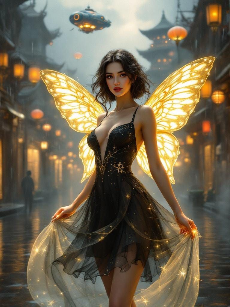 Winged Woman in Rain-Slicked Dieselpunk City
