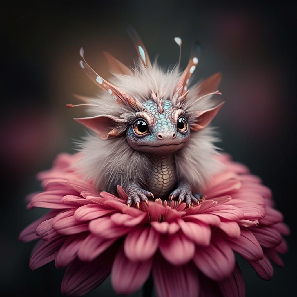 Adorable Fluffy Dragon in Flower, Macro Photography