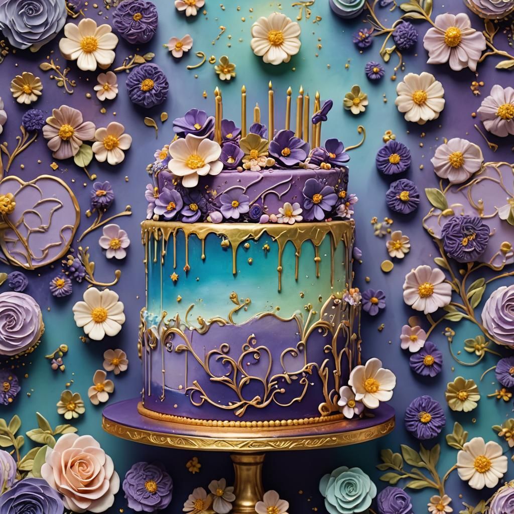 Purple Pastel Cake in Vibrant Oil Painting Style