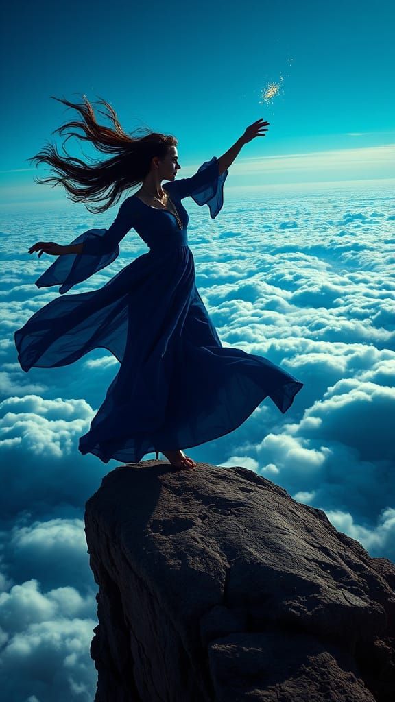 Witch Dancing on Cliff Above Clouds