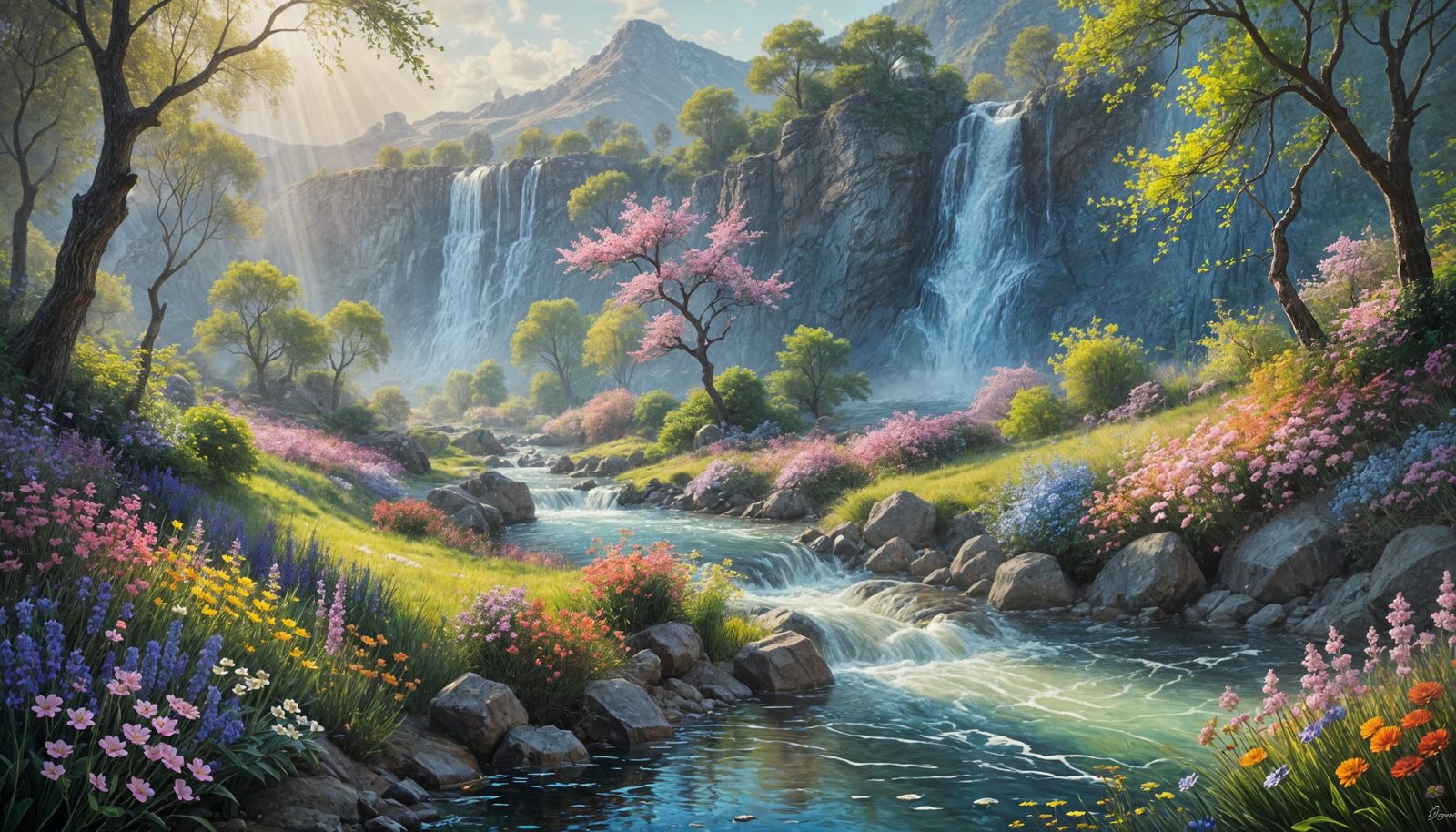 Dreamlike Whimsical Spring Landscape with Vibrant Flowers