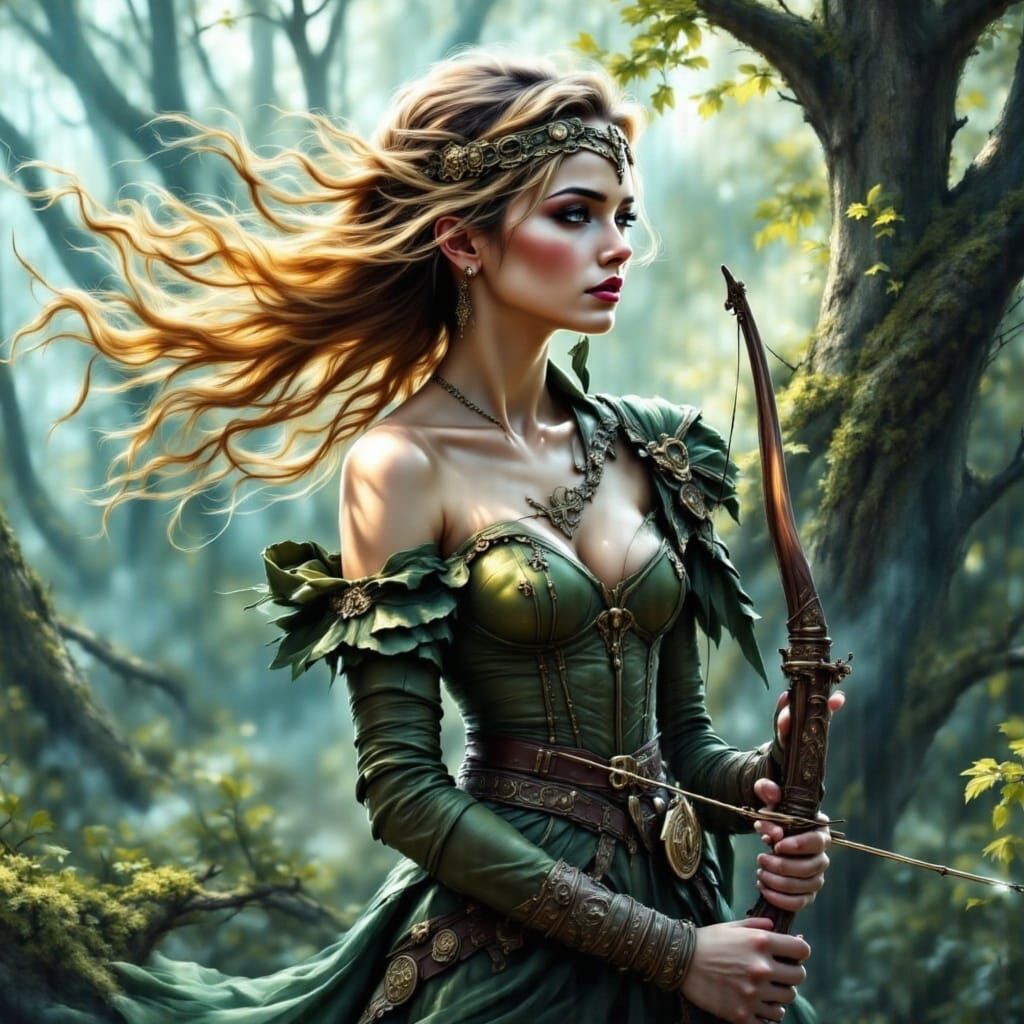 Ethereal Archery Maiden in a Mystical Northern Forest