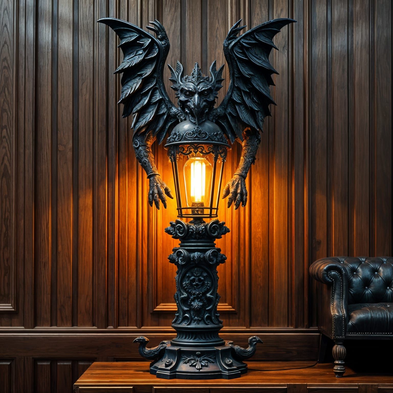 Gothic Gargoyle Floor Lamp in Dark Carved Wood