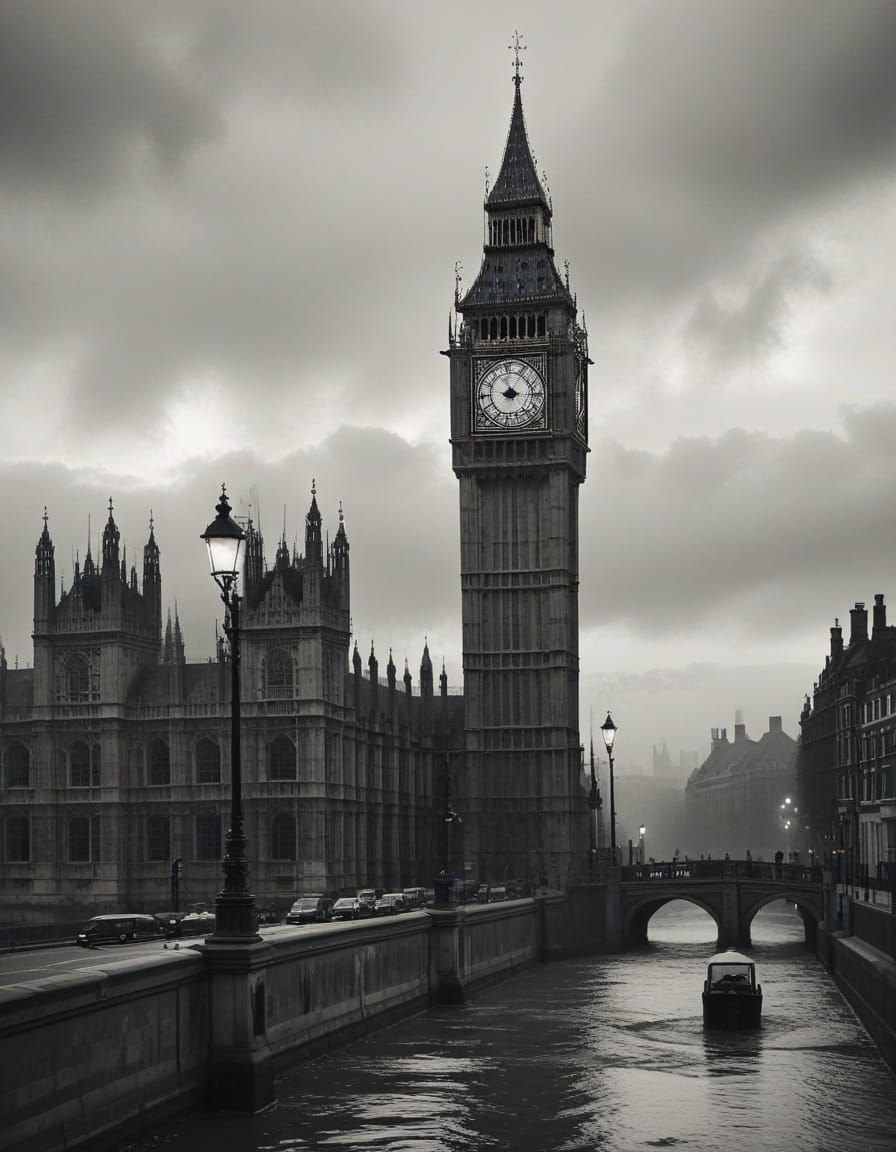 Big Ben in Charcoal Portrait with Gothic Architecture