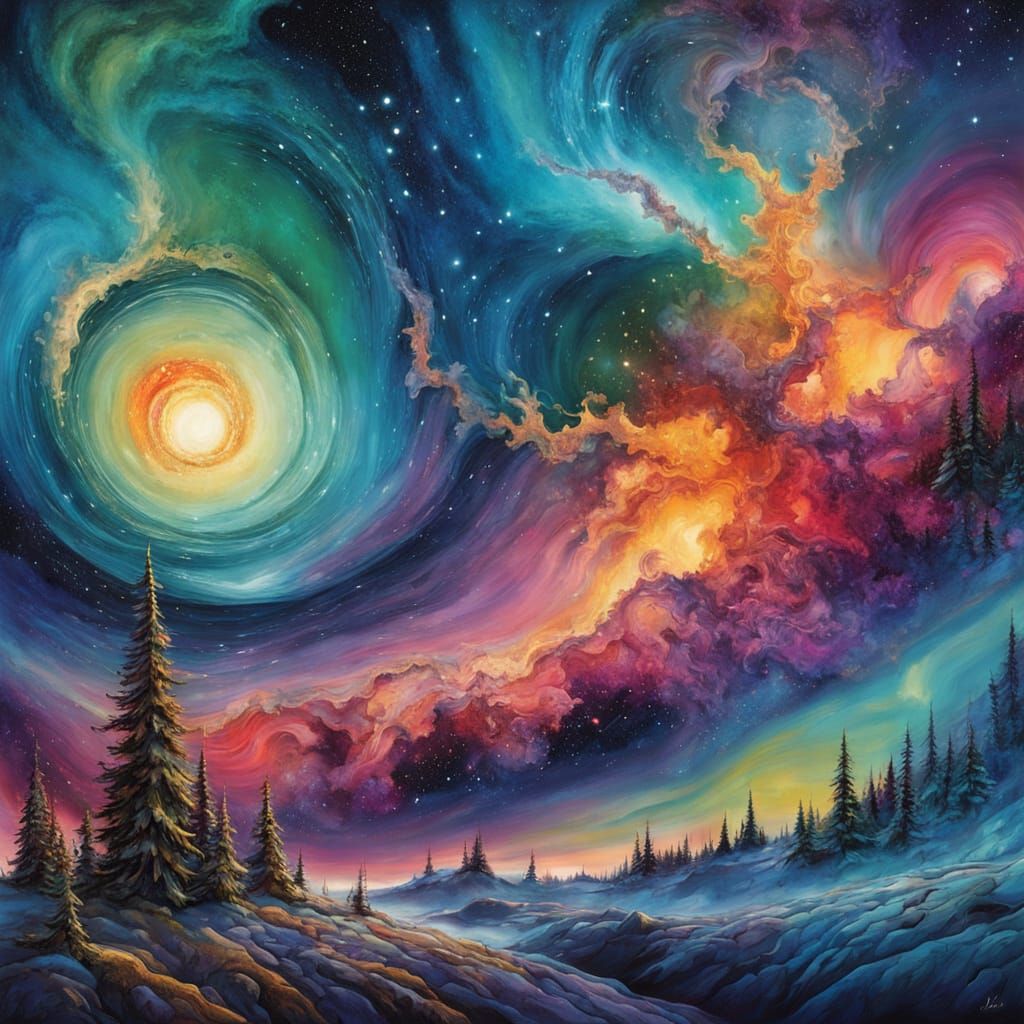 Mystical Galaxy of Swirling Stars and Nebulas in Vibrant, Dr...