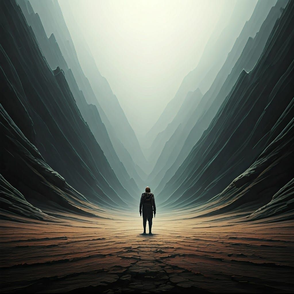 Desolate Figure in Eerie Landscape, Surreal Art Style