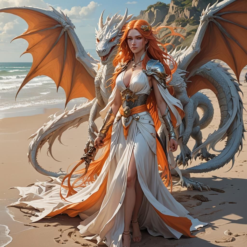Woman and Dragon on Beach, Hyperdetailed Art