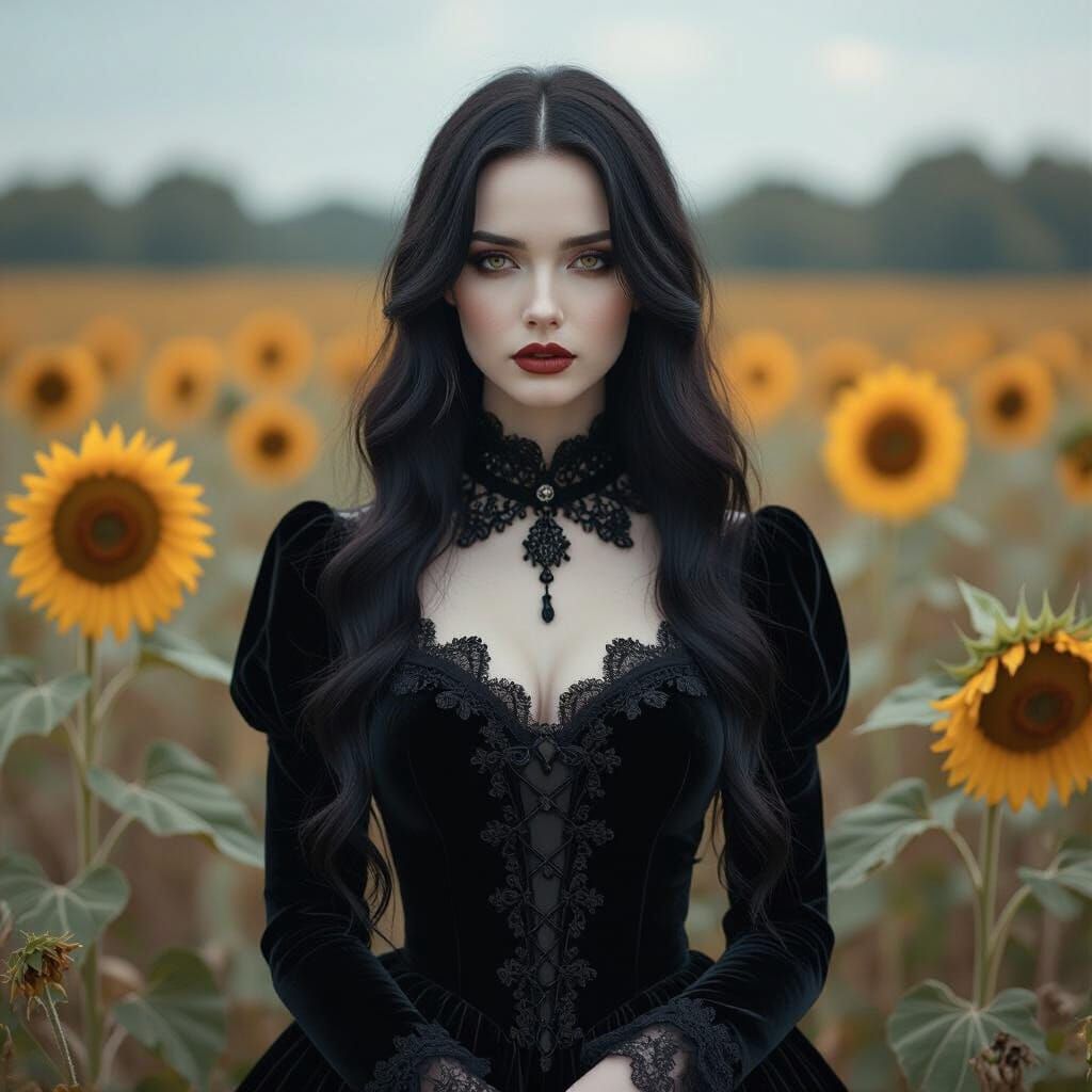 Gothic Woman in Withered Sunflower Field, Mystical Realism
