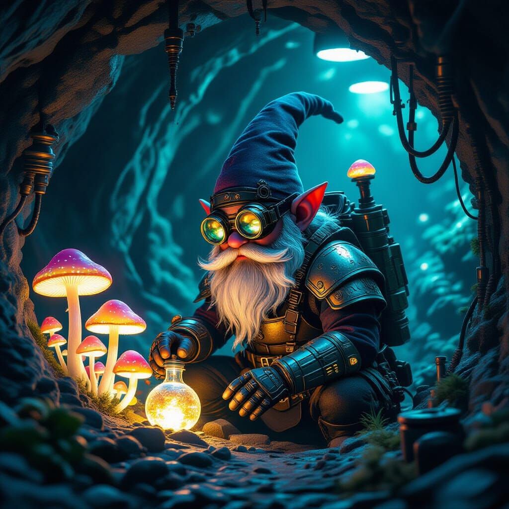 Cyberpunk Gnome Alchemist Tending Bioluminescent Fungi