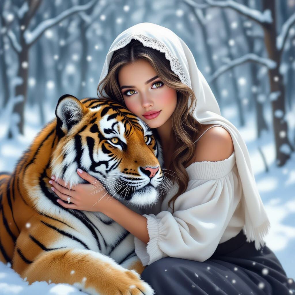 Woman Embracing Tiger in Snowy Forest