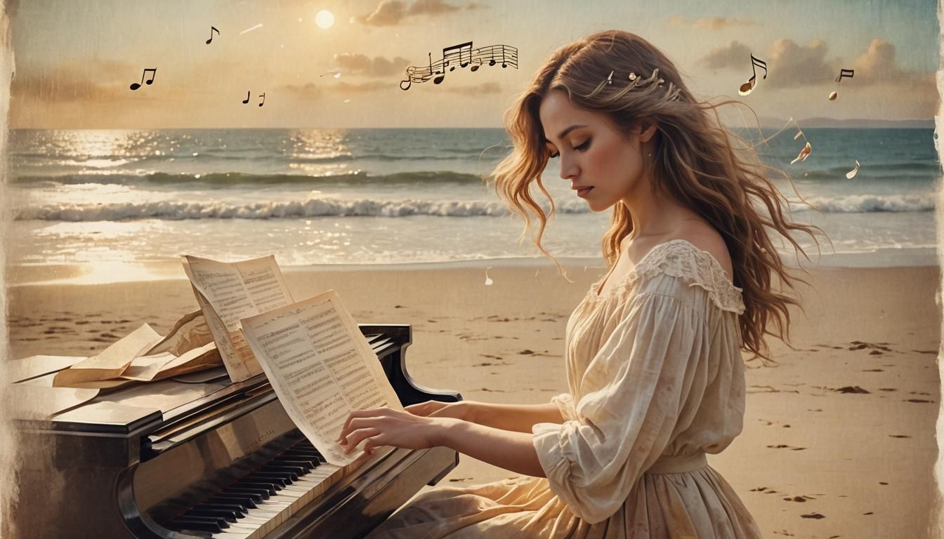 Ethereal Impressionist Woman Plays Piano on Beach