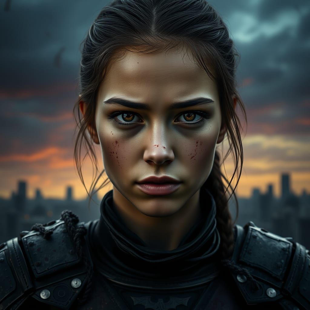 Female Warrior in Dark Armor with Determined Gaze