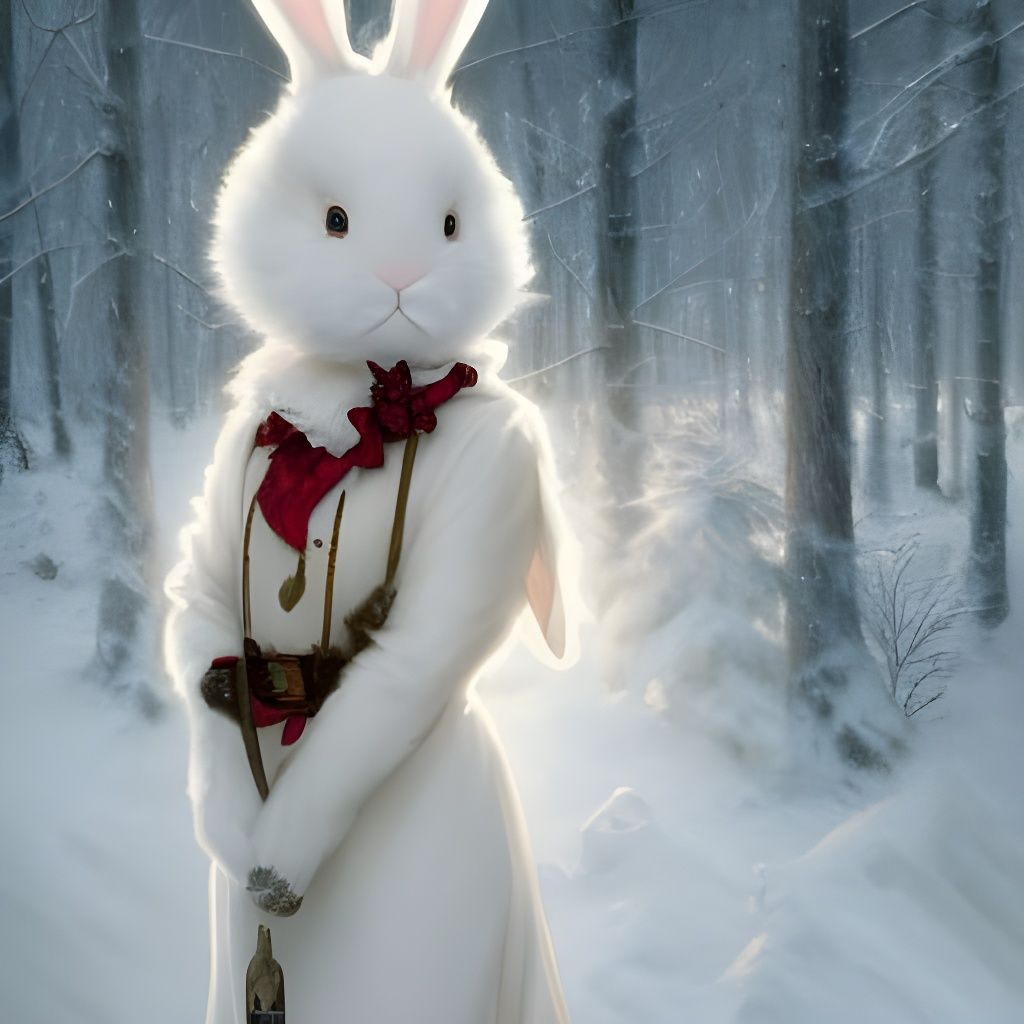 Festive Bunny Portrait in Winter Forest, Hyperdetailed Art