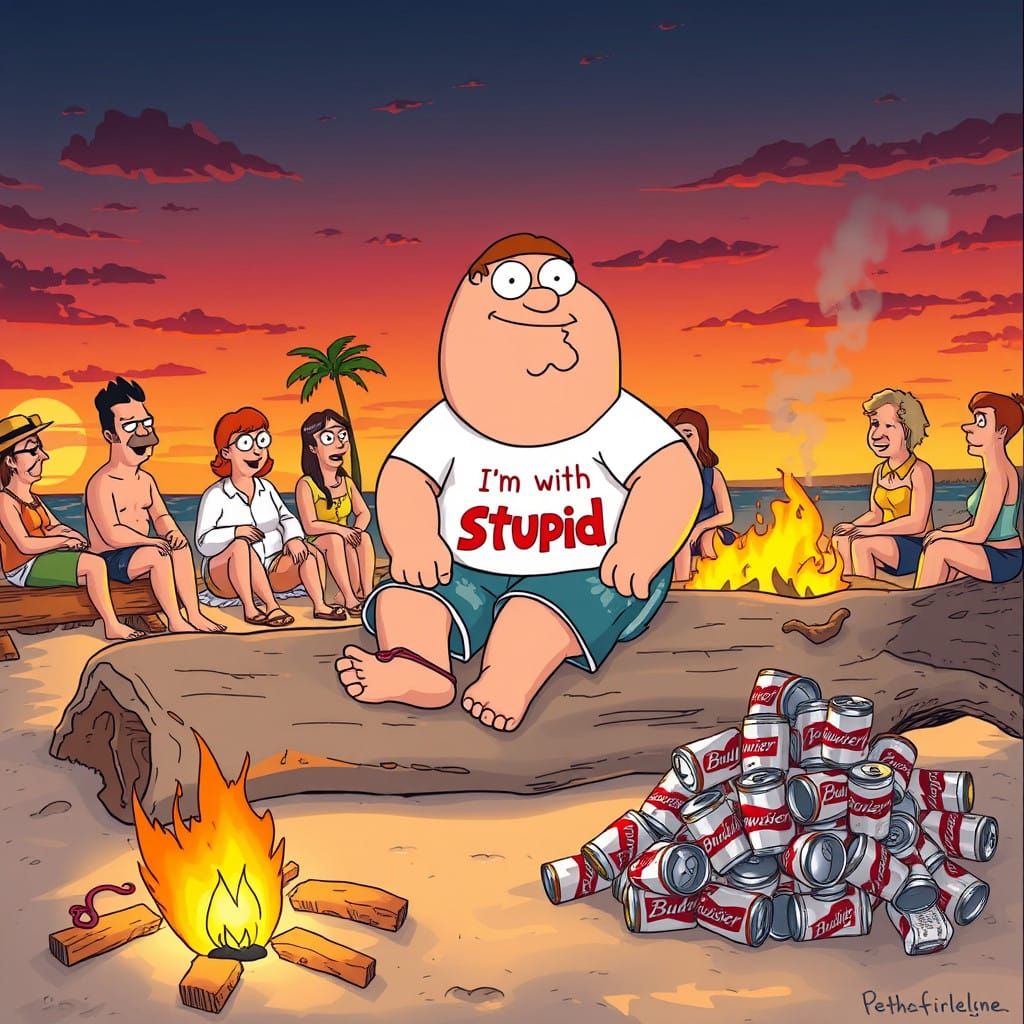 Peter Griffin Relaxing at a Beach Bonfire with Friends and B...