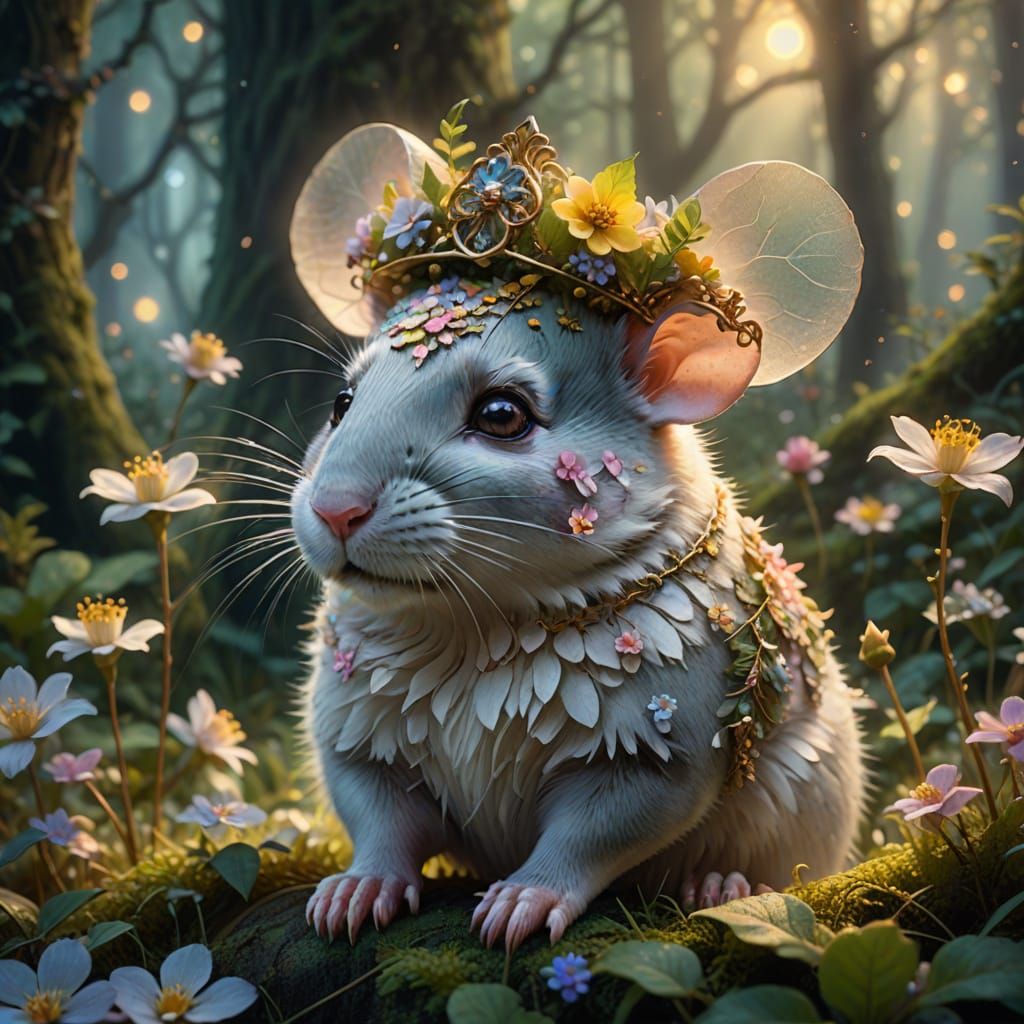 Mouse with Floral Crown in Misty Forest