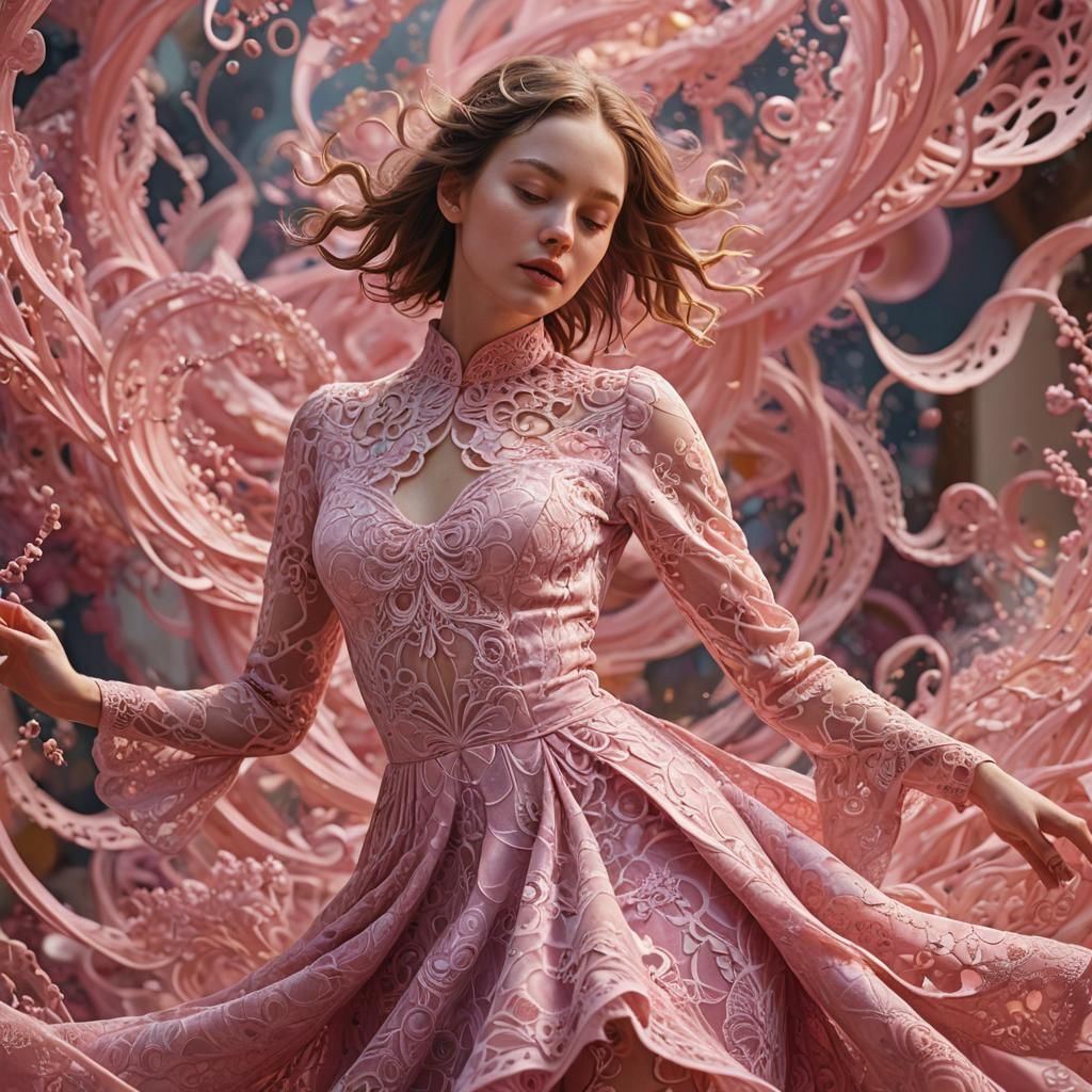 Woman in Pink Lace Dress: Ethereal Digital Art