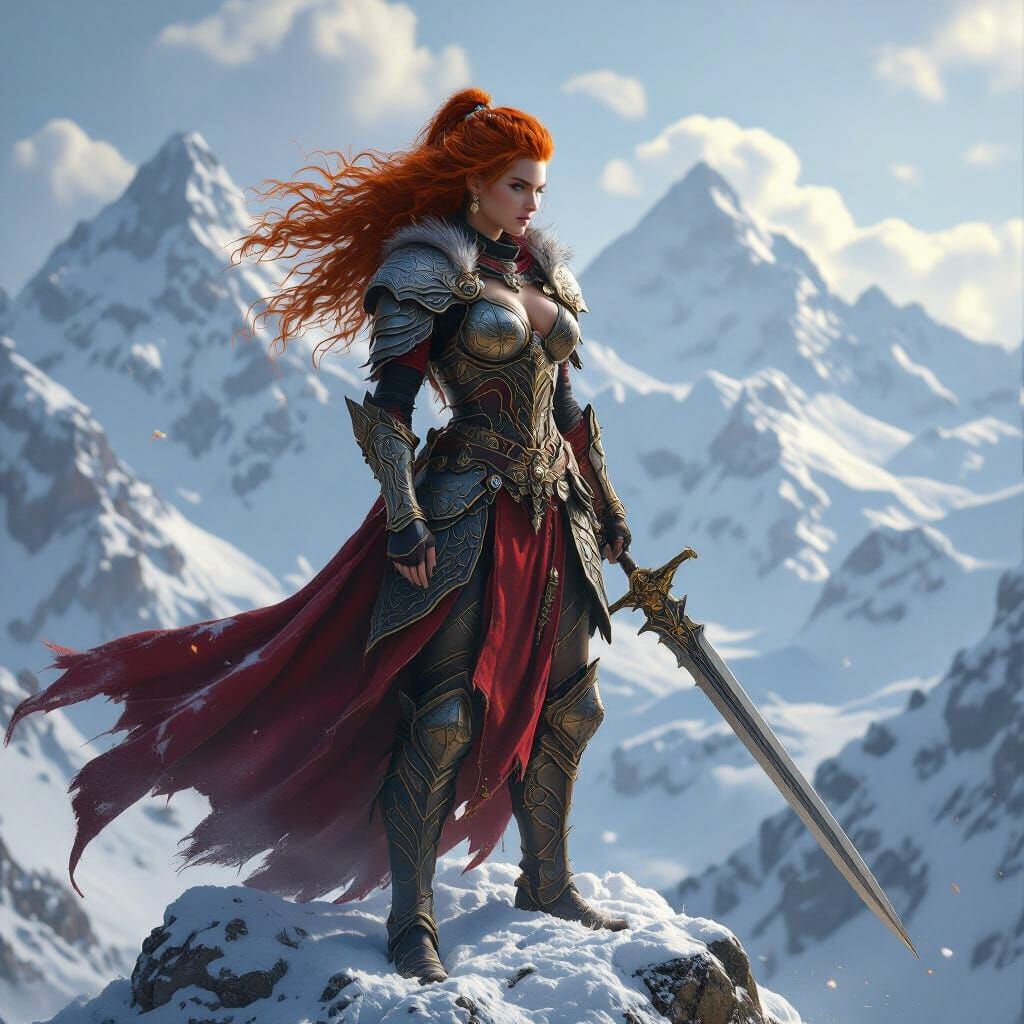 Valkyrie Warrior on Mountain Peak: Hyperrealistic Art