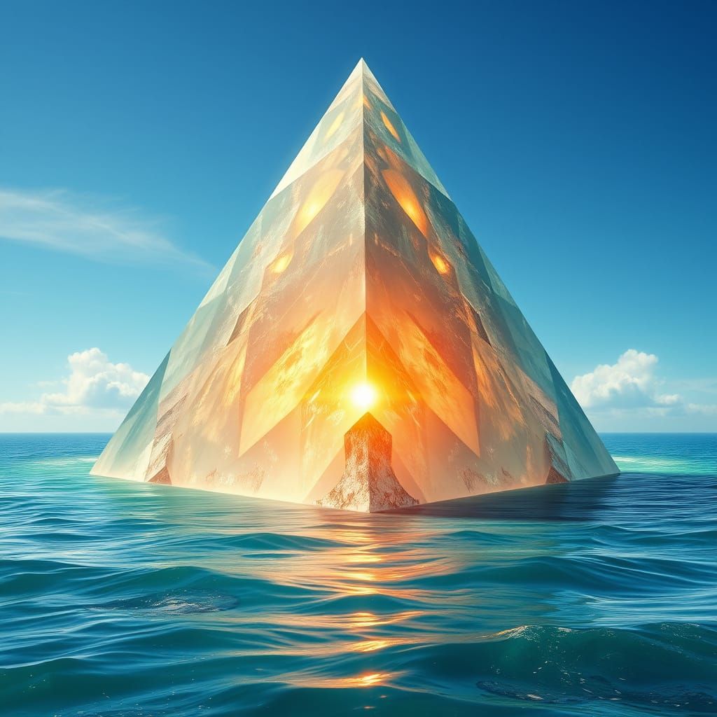 Gigantic Crystal Pyramid Radiates Energy Above Turquoise Oce...
