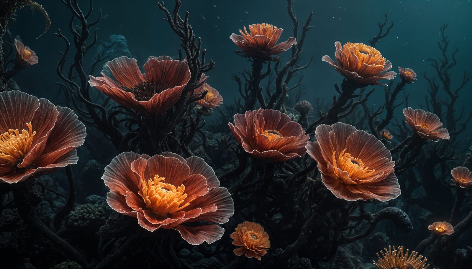 Photorealistic Coral Reef in Dark Ocean Depths
