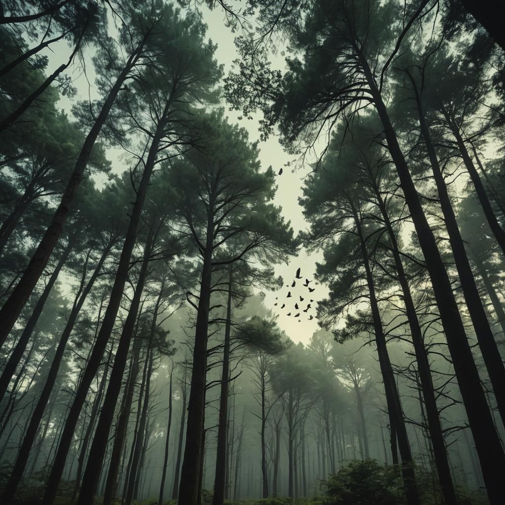 Cinematic Forest with Towering Trees and Labyrinth