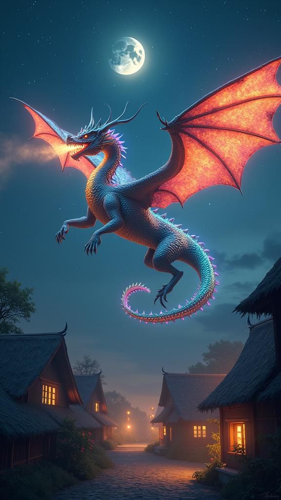 Iridescent Dragon Soaring Over Village at Night