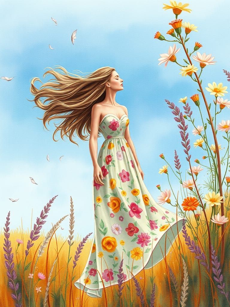 Windswept Beauty in a Vibrant Watercolor Field