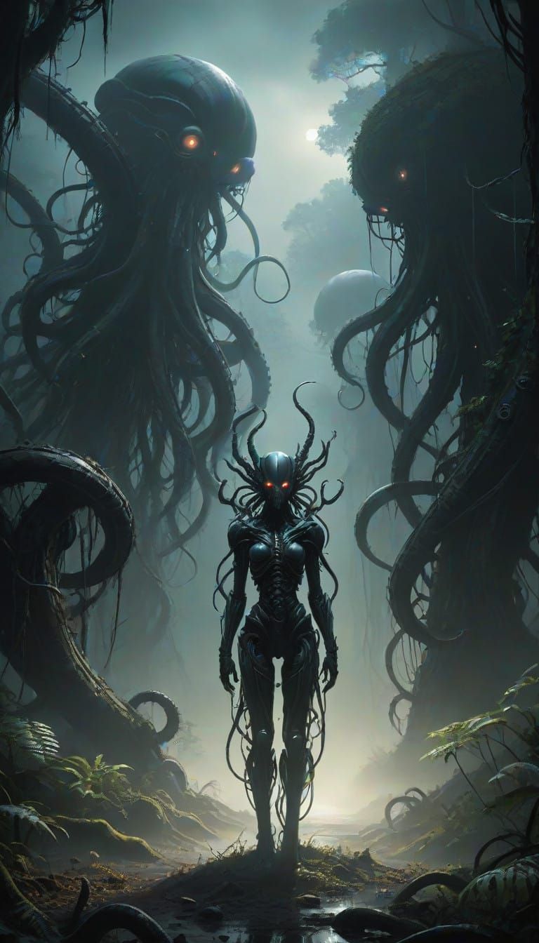 Cyberpunk Biomechanical Horror Unveiled in Mystic Forest