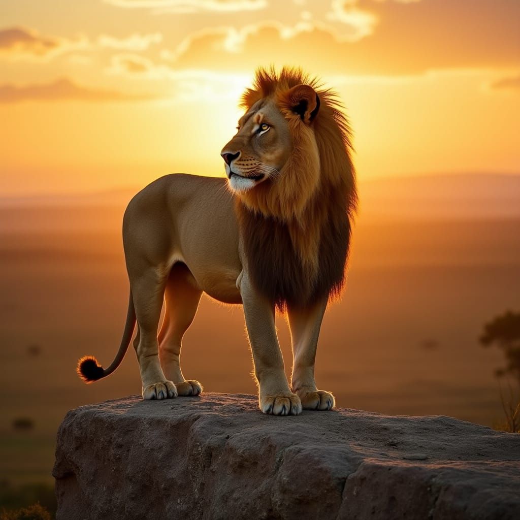 Lion Overlooking Savanna at Sunset in Hyperrealistic Style