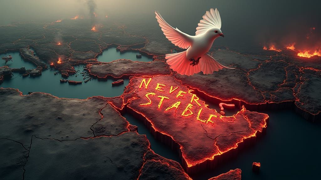 Middle East Conflict Map in Dark Tones with Glowing Red Zone...