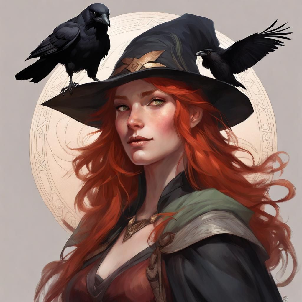 Half-Elf Wizard Portrait with Crow, Hyperdetailed Art