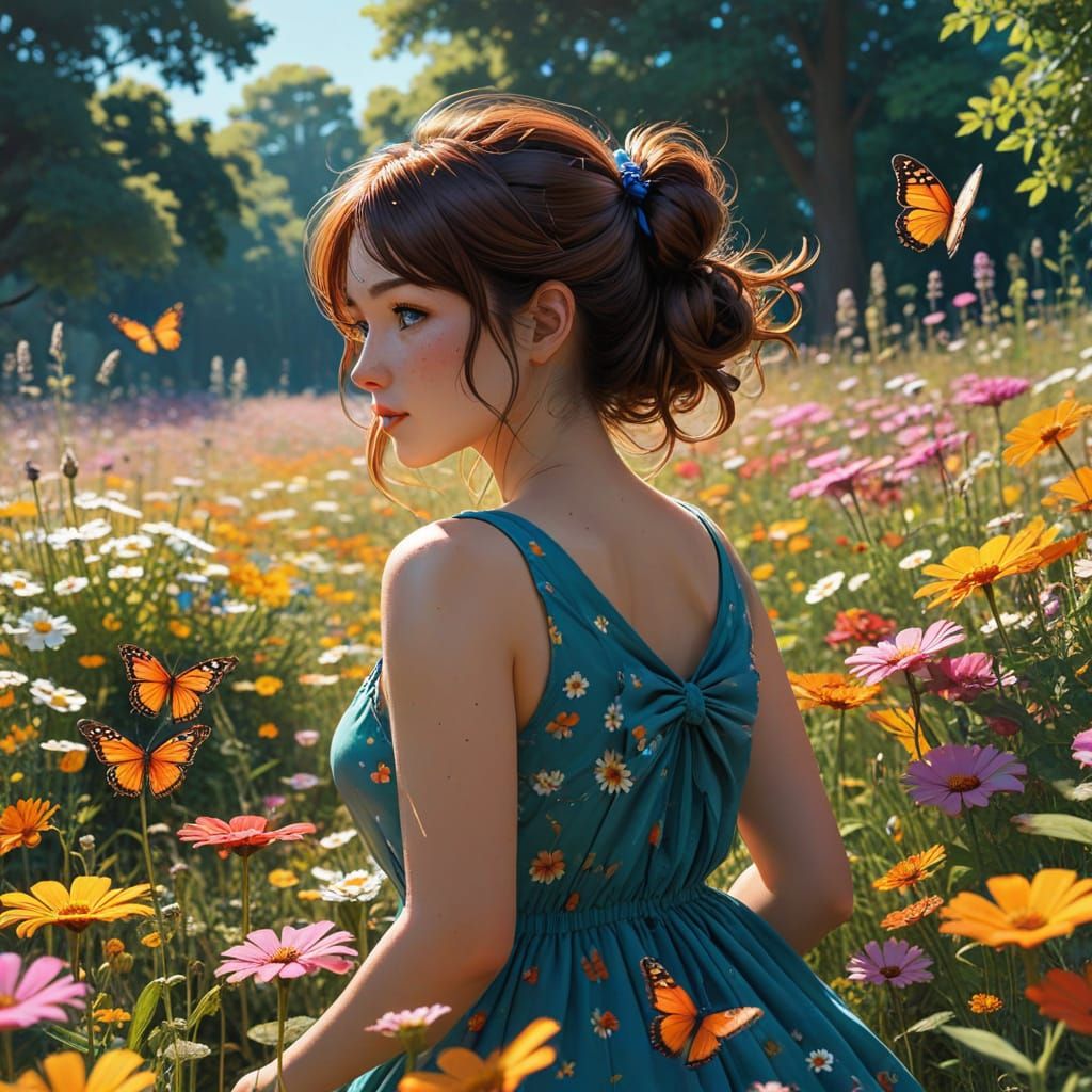 Girl with Butterfly Wings in Vibrant Floral Wonderland