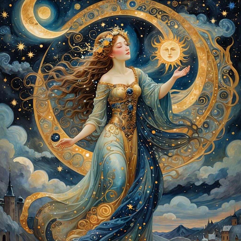 Celestial Romance: Moon and Sun Embrace in Art Nouveau