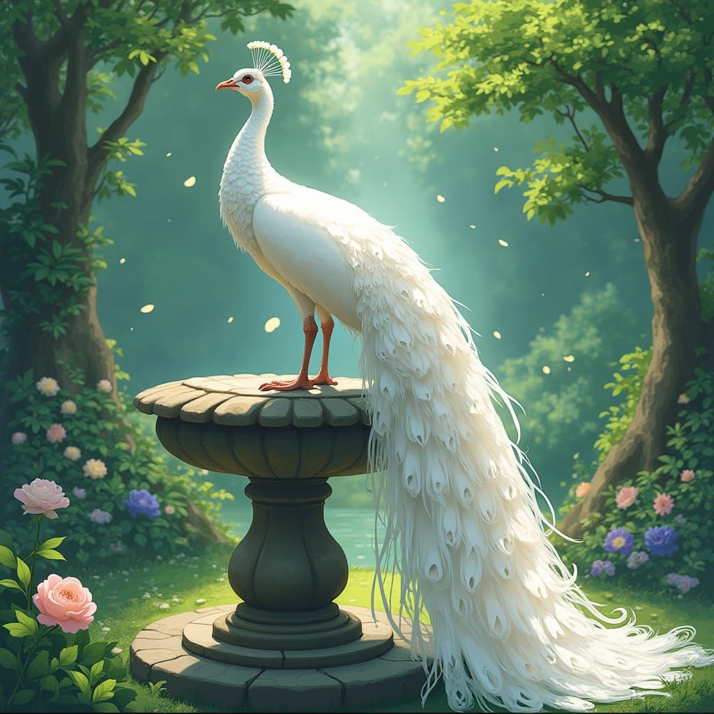 White Peacock in Ghibli-Style Garden Scene