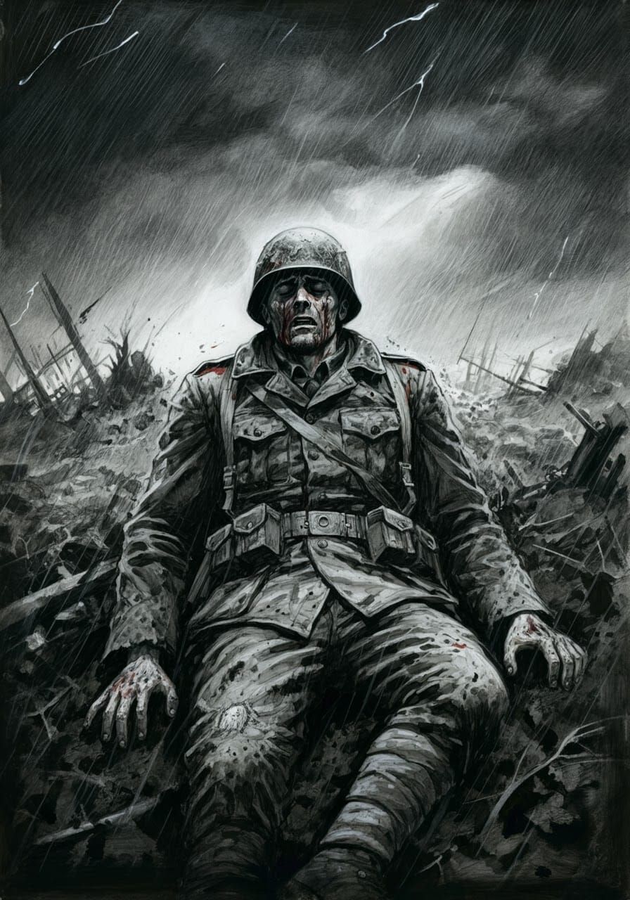 Wartorn Soldier: Gritty Portrait of Loss and Despair