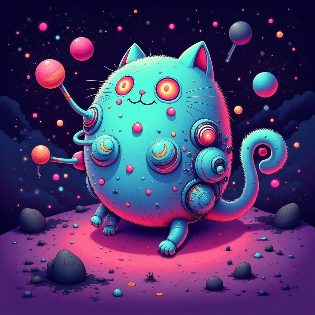 Whimsical Cybernetic Cat in a Pixelated Cosmos