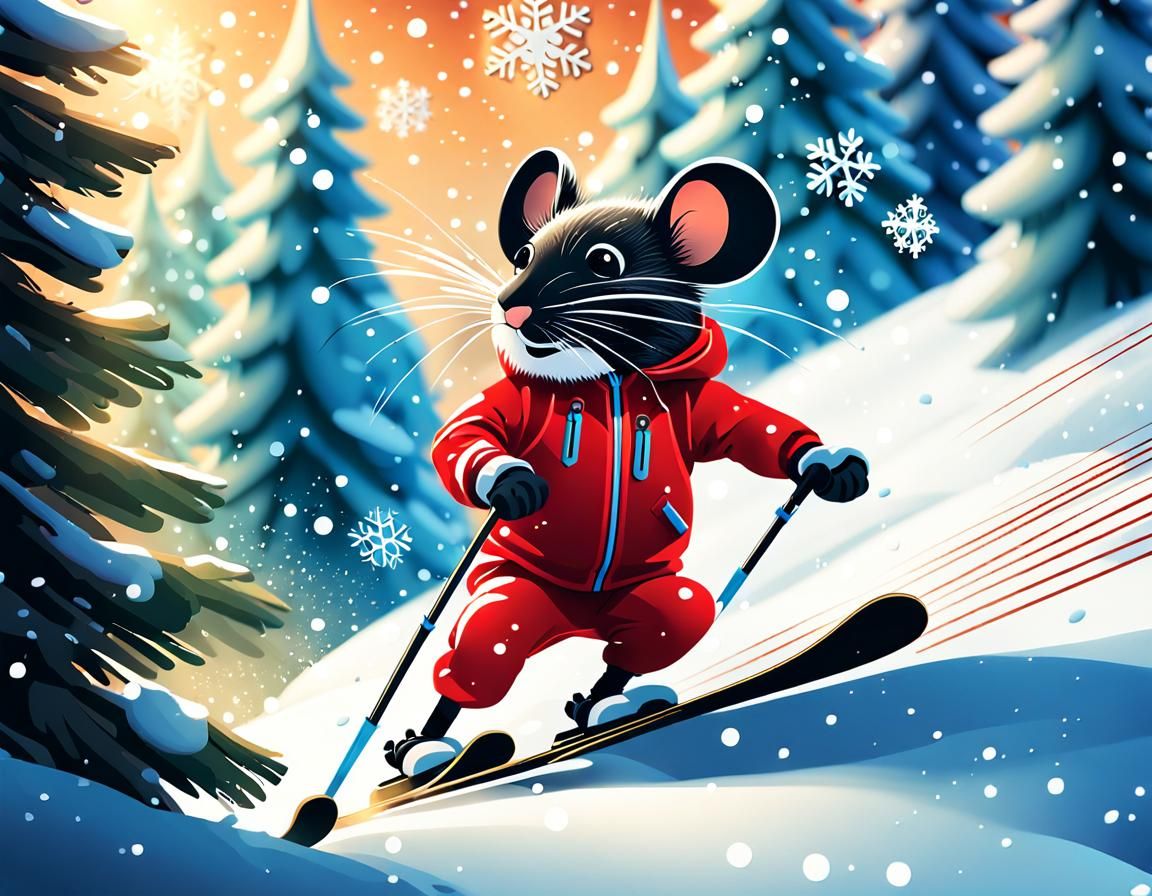 Mouse in Red Ski Suit Skiing Down a Snowy Mountain Trail in....