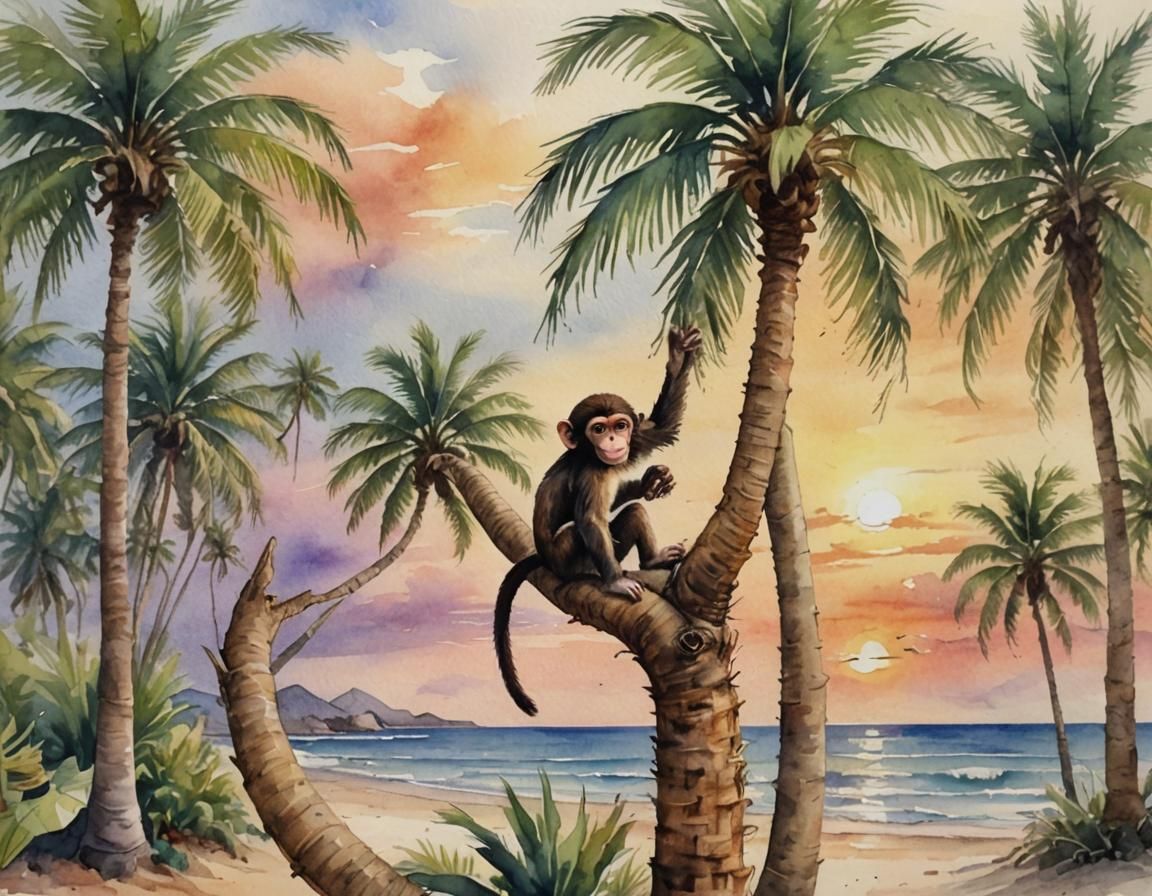 Cute Monkey Climbs Palm Tree: Watercolour Beach Scene