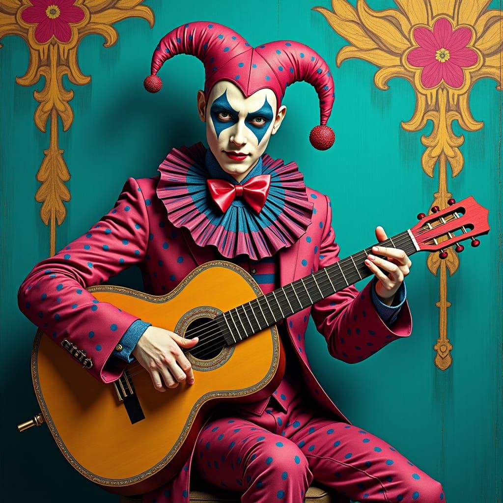 Harlequin Plays Guitar in Expressionist Cubist Style