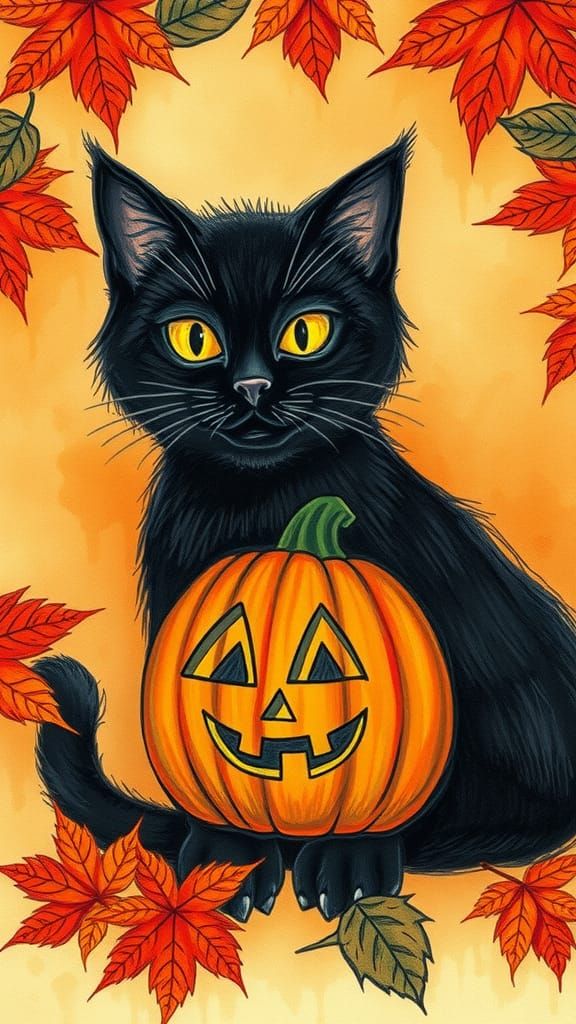 Halloween Black Cat with Jack-o'-Lantern Drawing