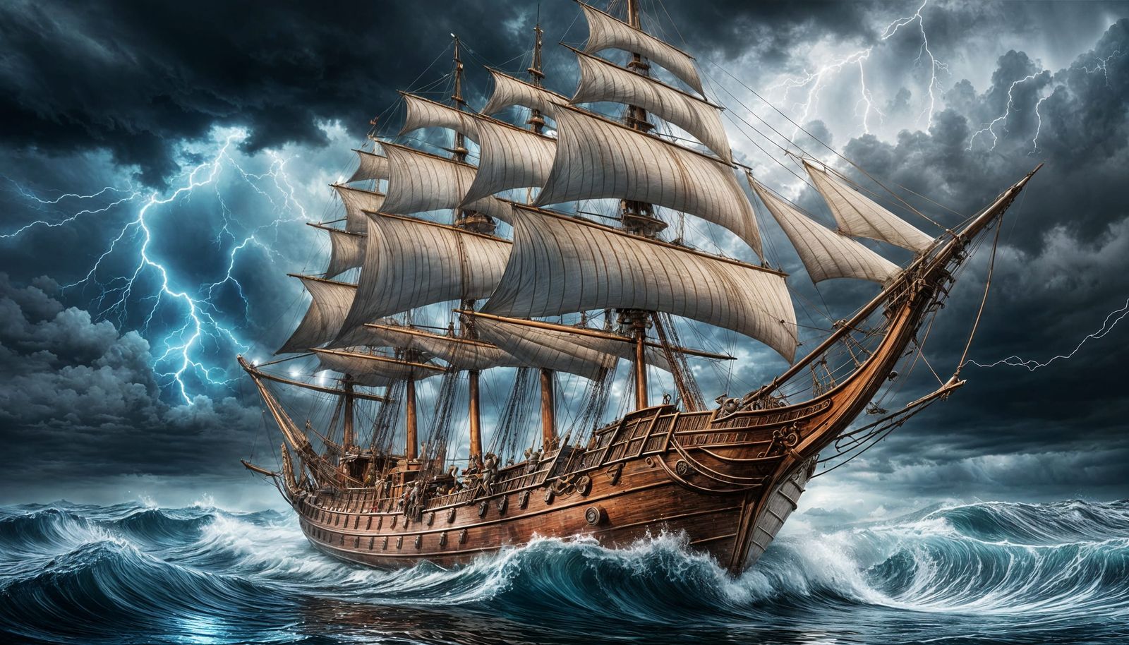 Detailed Sailing Ship on a Stormy Sea