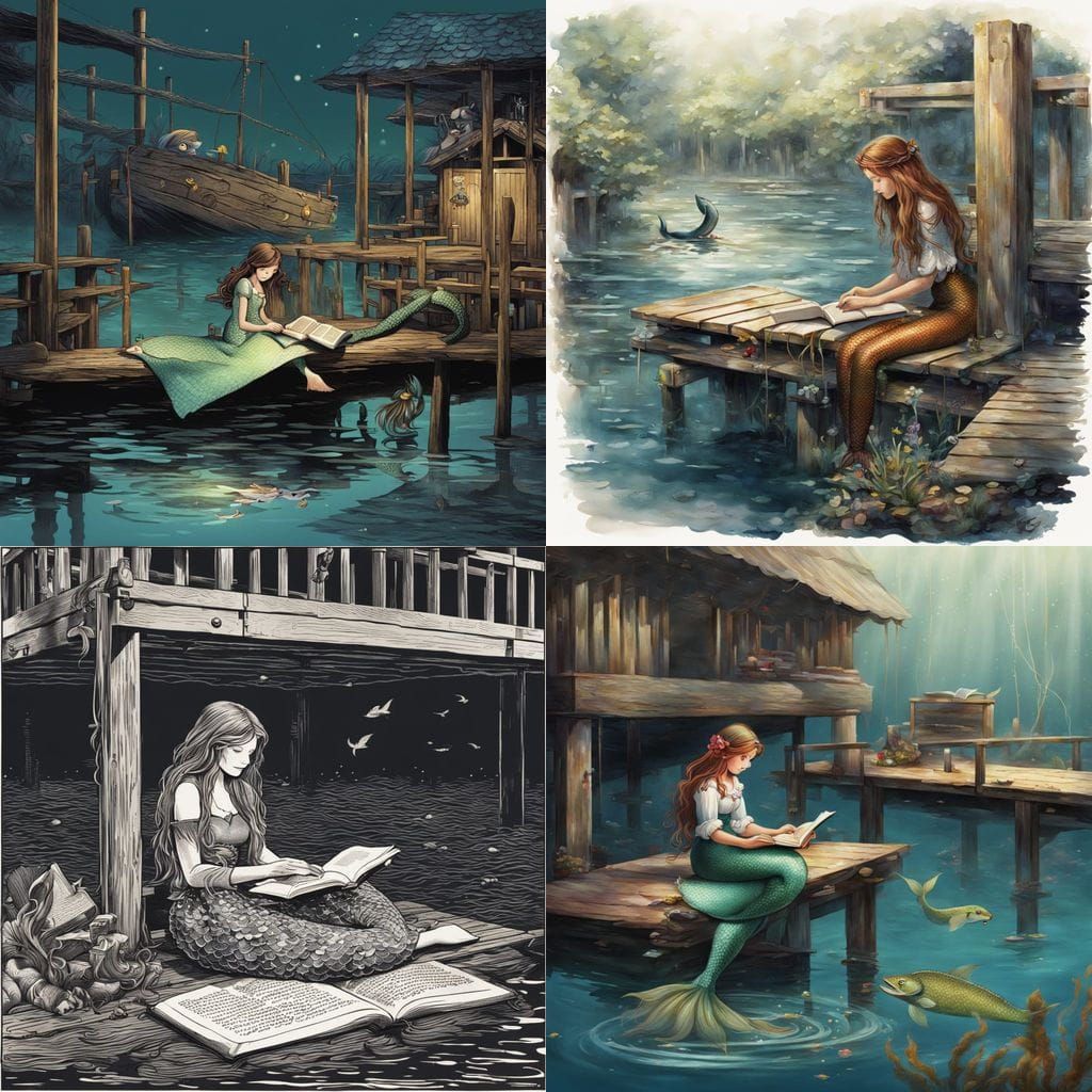 Mermaid Reading a Book Beneath a Dock