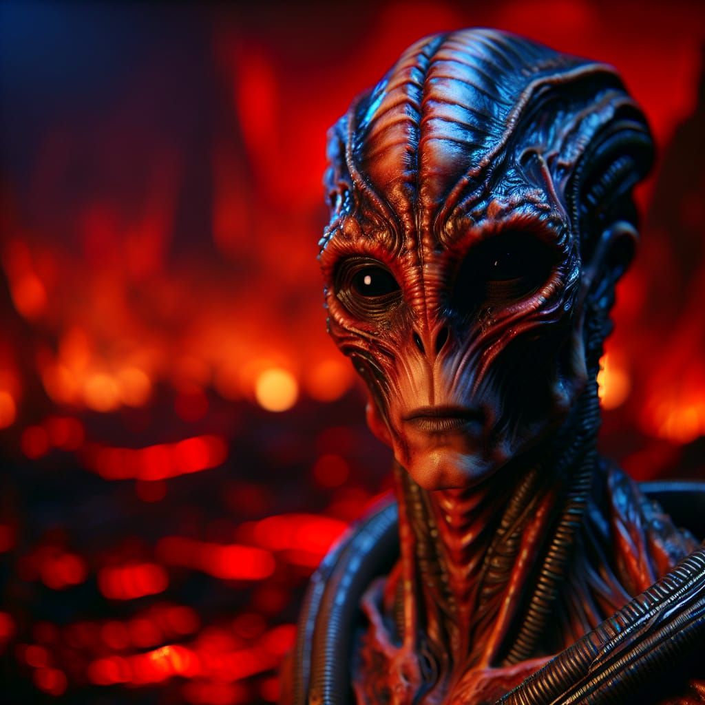 Detailed Alien Portrait in Hellish Landscape