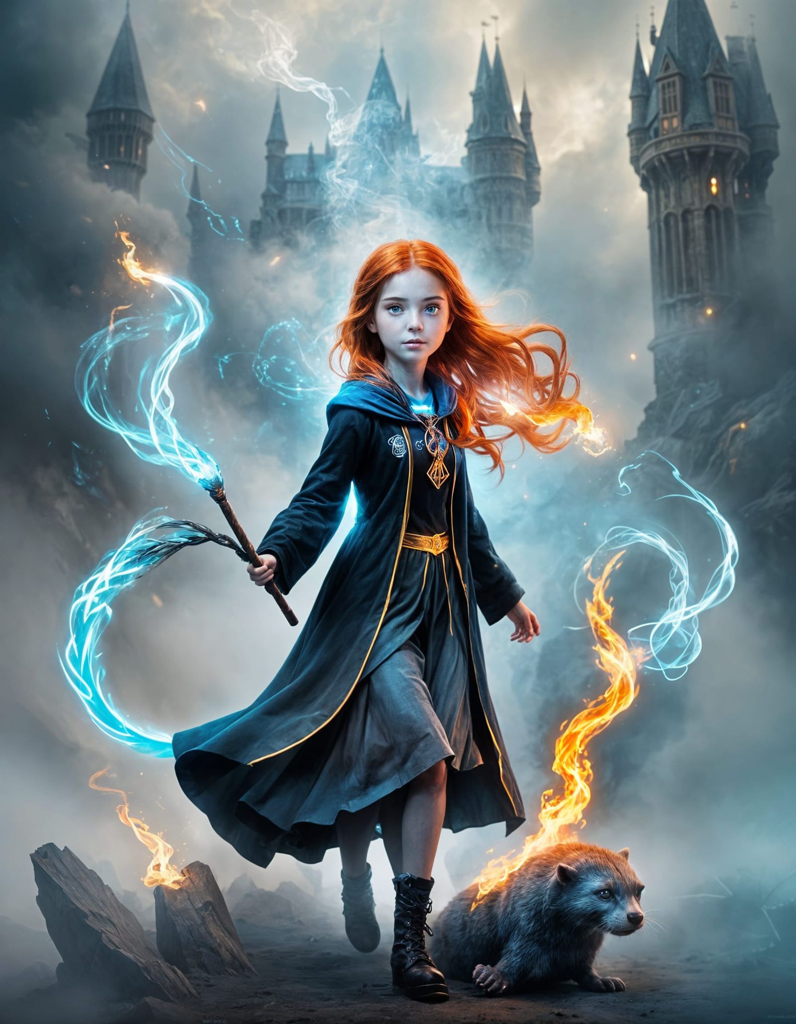 Red-Haired Witch and Otter Patronus with Runic Linework