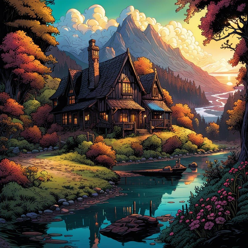 Victorian Cottagecore Village by Lake in Sunlight