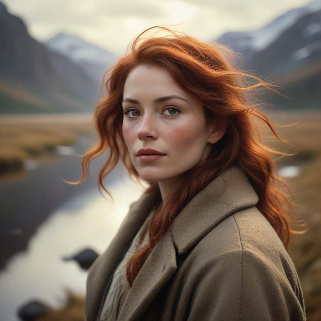 Portrait of a Redhaired Woman in a Norwegian Winter Landscap...