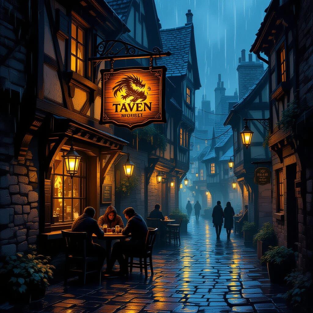 Cozy Tavern in Rain-Slicked Alley, Dragon Sign