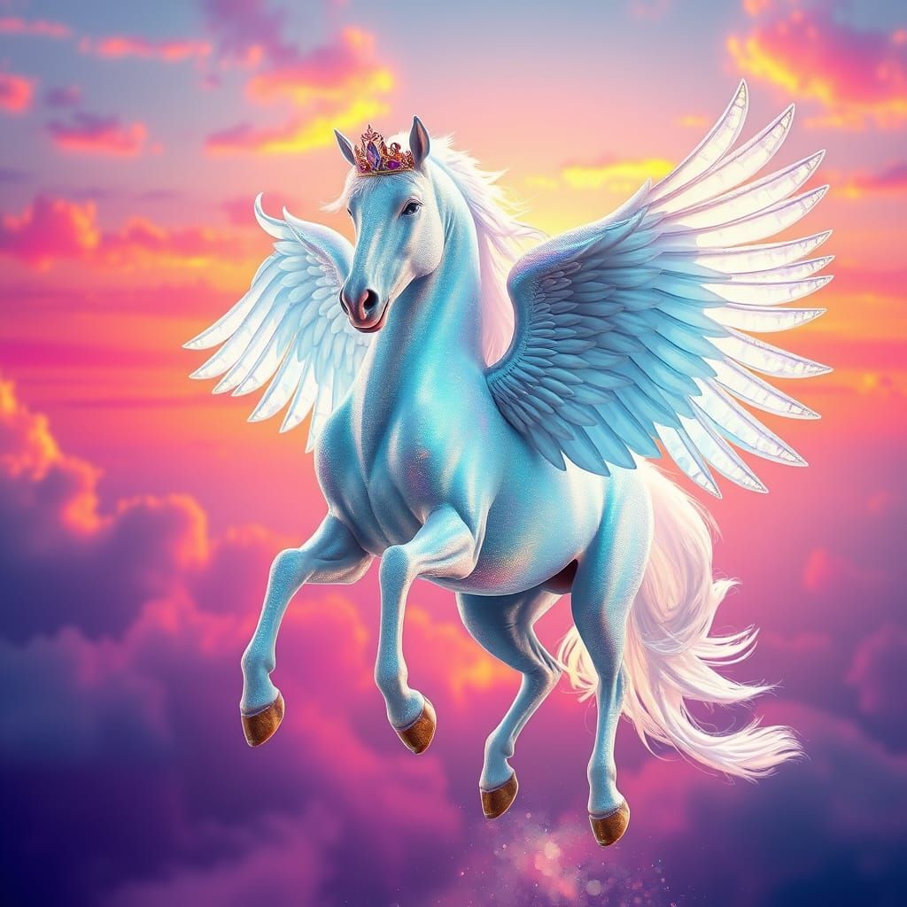 Majestic Pegasus in Vibrant, Kaleidoscopic Sunset