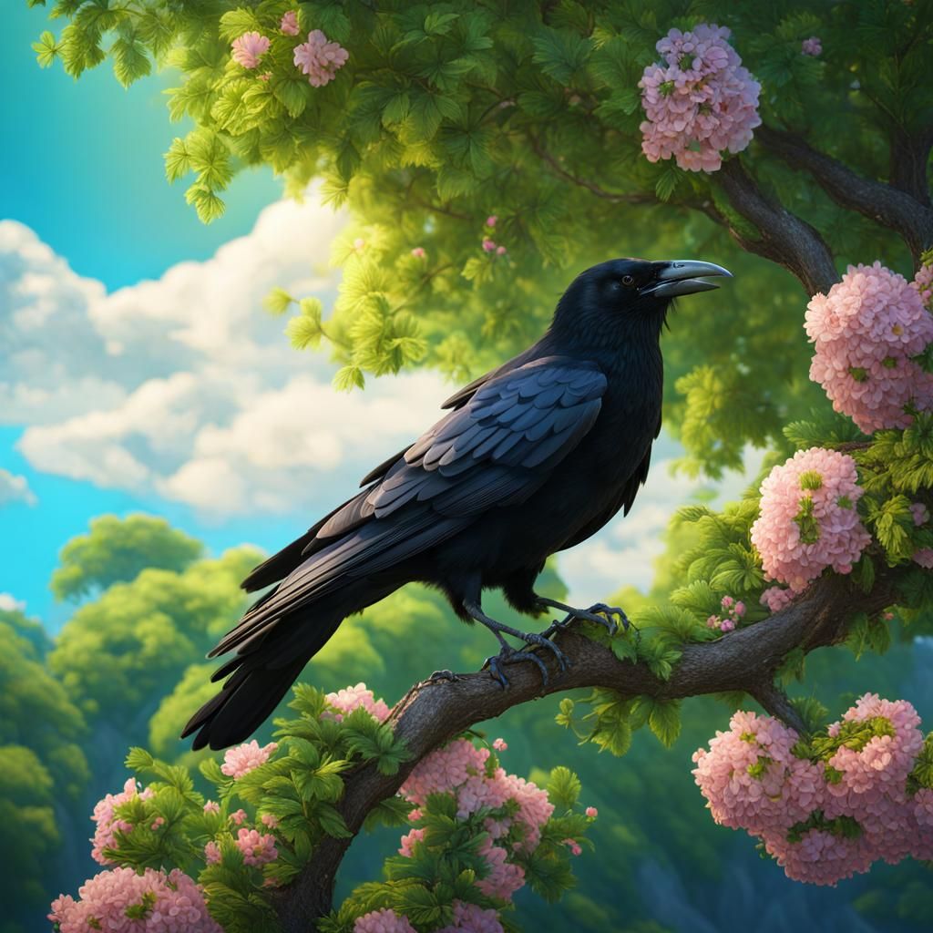 Black Crow in Blossoming Tree Against Blue Sky