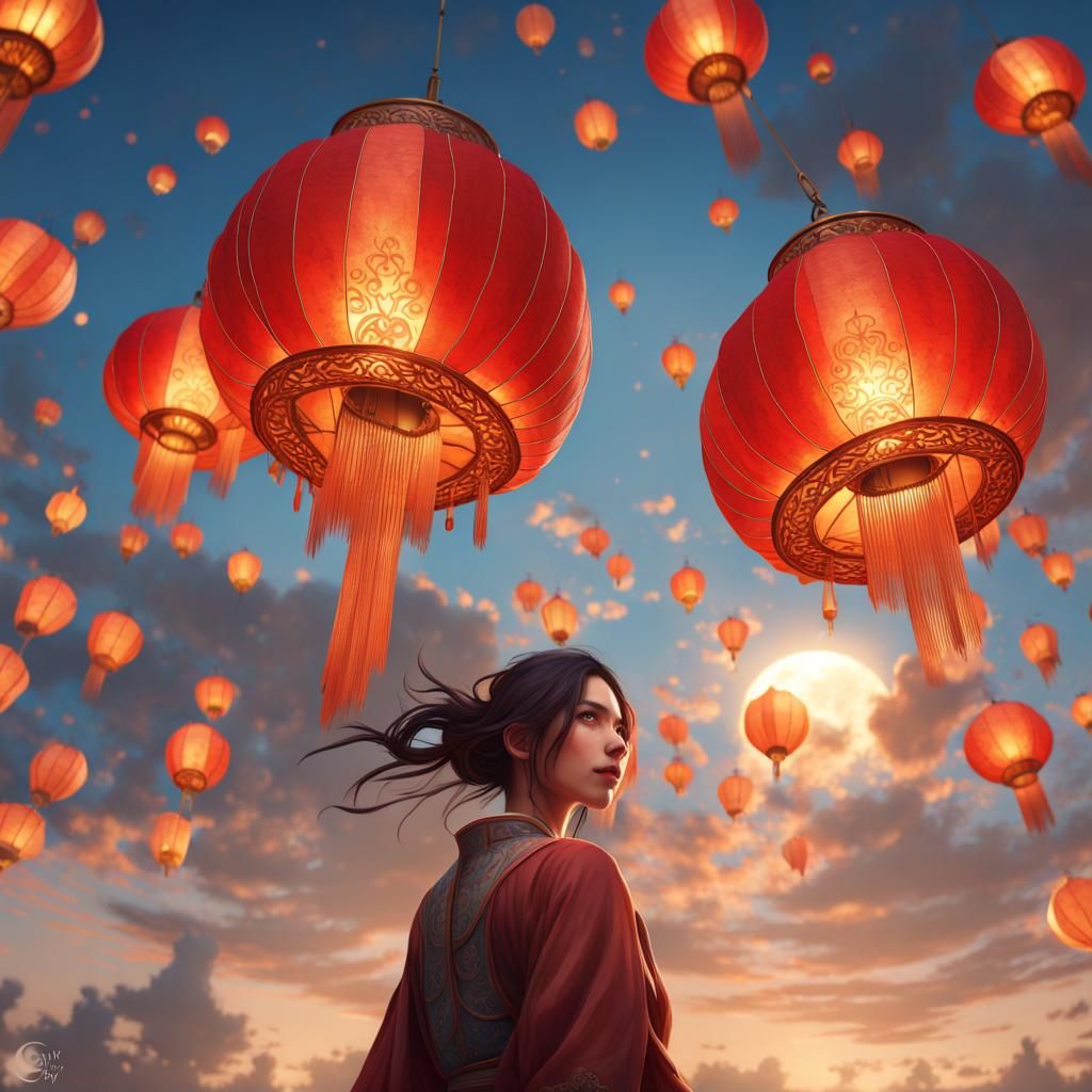 Illuminated Chinese Lanterns Ascend in Art Nouveau Style