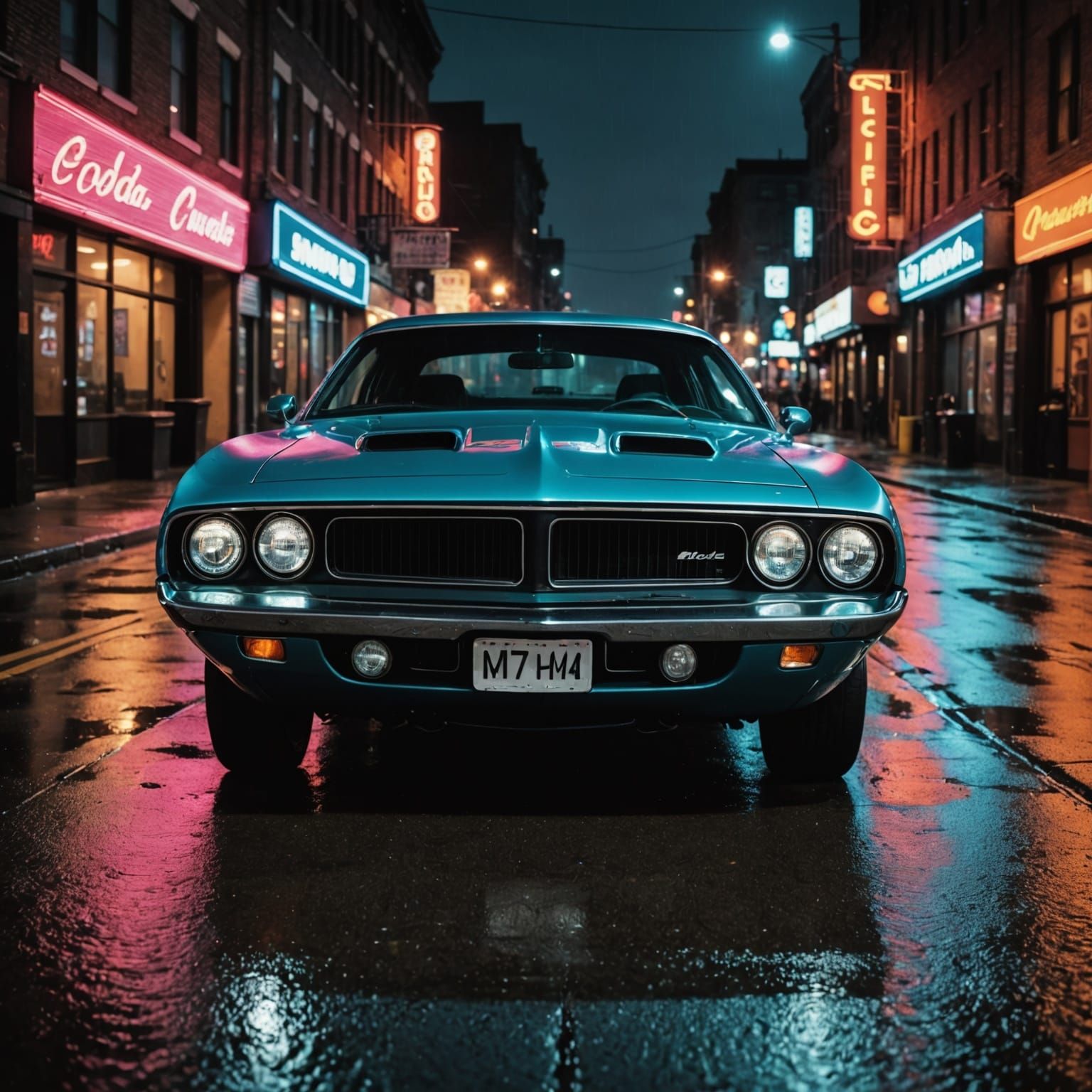 1971 Hemi Cuda Accelerating on Wet Neon City Street